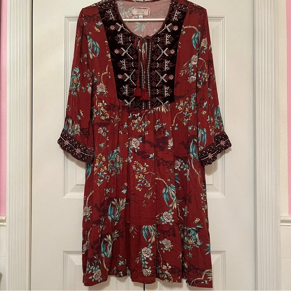 Johnny Was Workshop Dress XS Boho Loose Fit Effortless Tunic Bordeaux Velvet Red - Picture 9 of 9